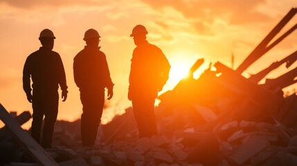 Fototapeta premium Silhouettes of workers at a construction site during a sunset.
