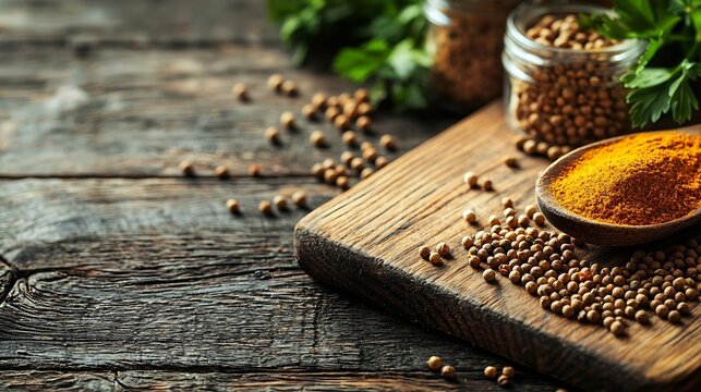 Wooden cutting board and spoon with spices cumin carry turmeric coriander seeds on a old wooden table Background text copy space : Generative AI