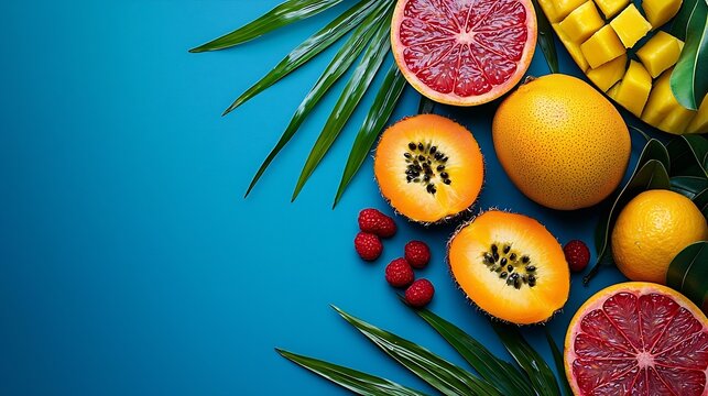 Assortment of tropical exotic fruits Blue background Copy space Top view : Generative AI - Powered by Adobe