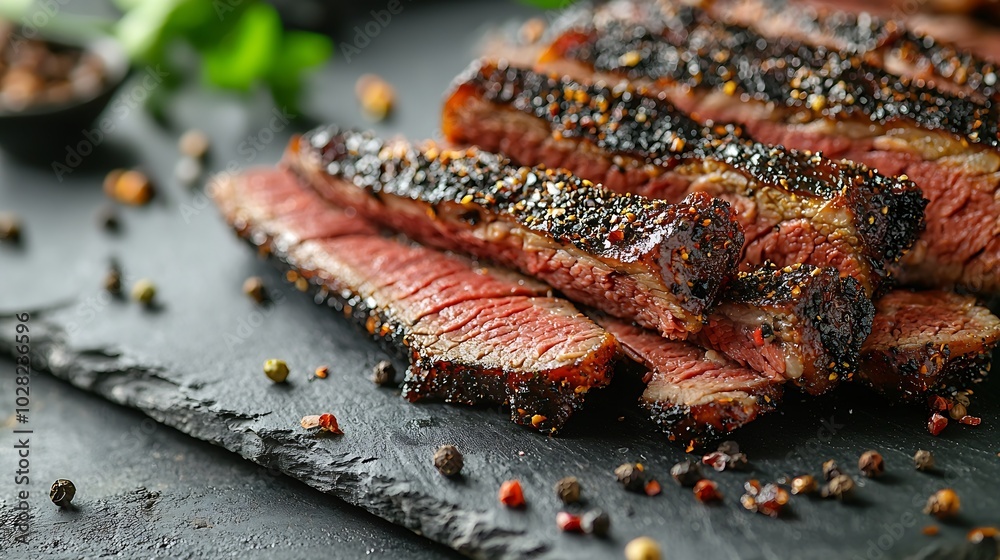 Poster roasted beef pastrami on slate cutting board grey background copy space : generative ai