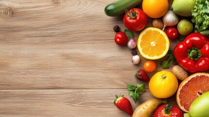 A colorful assortment of fresh fruits and vegetables on a wooden table, symbolizing healthy nutrition and balanced eating.