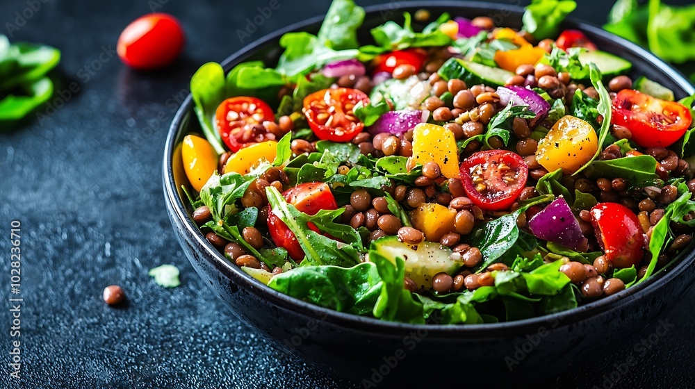 Poster lentil salad with mix vegetables in bowl dark background copy space top view : generative ai