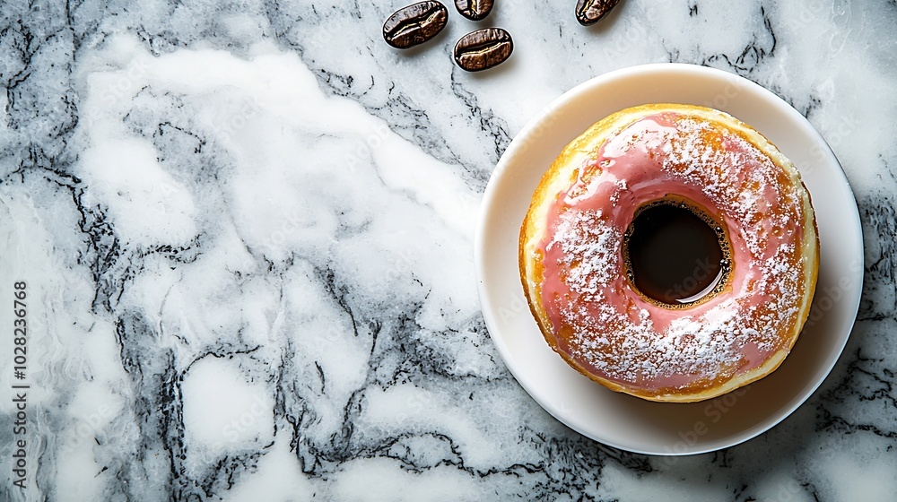 Poster Coffee espresso with donut Marble background Close up Top view : Generative AI