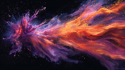 Fototapeta premium A vibrant explosion of purple and orange paint with gold sparkles against a black background.