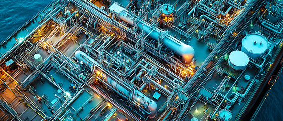 Fototapeta premium Aerial view of an industrial complex with intricate network of pipes, tanks, and machinery.