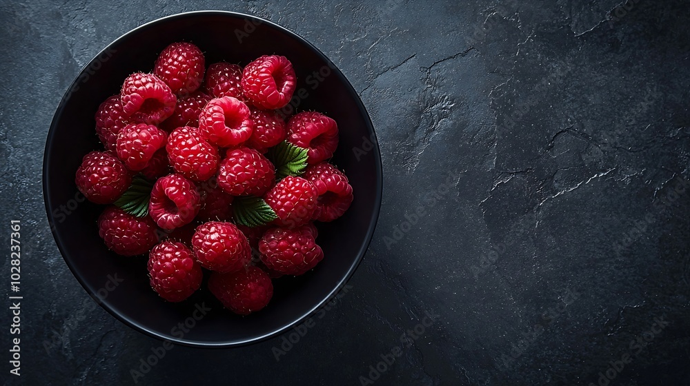 Poster fresh raspberries on a black bowl slate background top view : generative ai