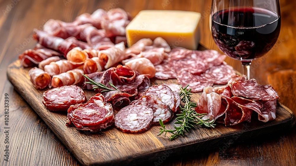 Poster cheese and meat appetizers on cutting board with red wine on wooden background close up : generative