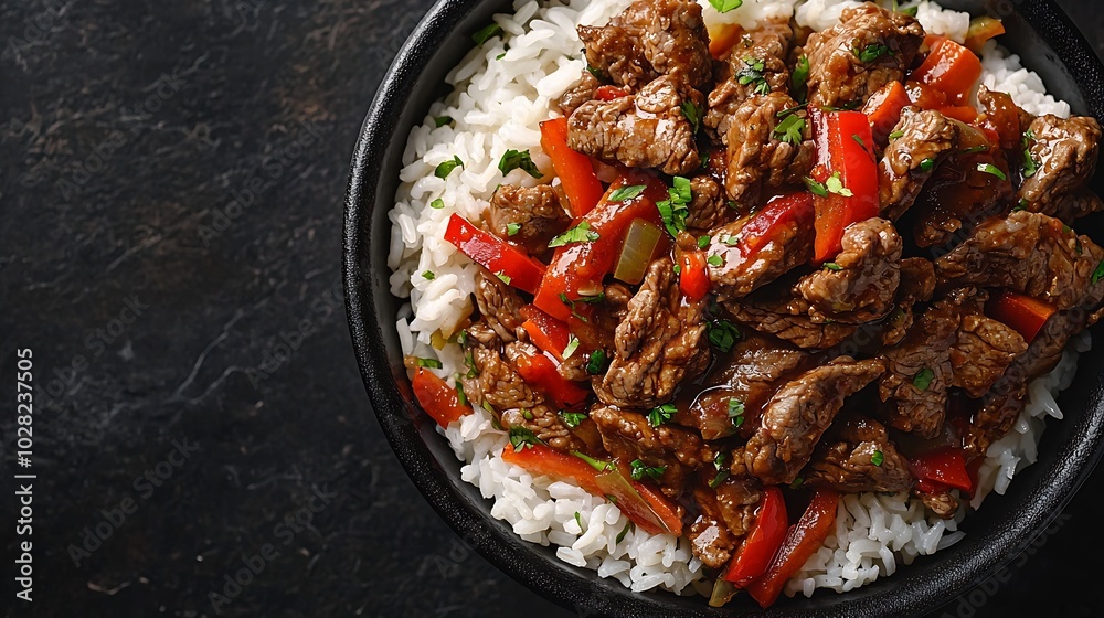 Poster beef and vegetables stir fry with white rice in a black bowl grey background copy space top view : g