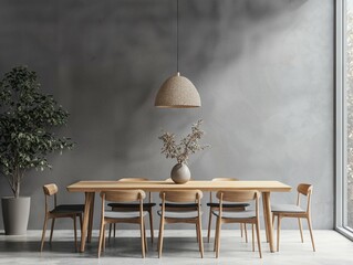 A modern dining area featuring a wooden table and chairs, minimalist pendant lighting, and soft beige walls, complemented by a simple vase and greenery for a Scandinavian touch.