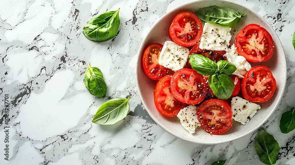 Poster tomato salad with cheese and fresh basil white marble background close up : generative ai