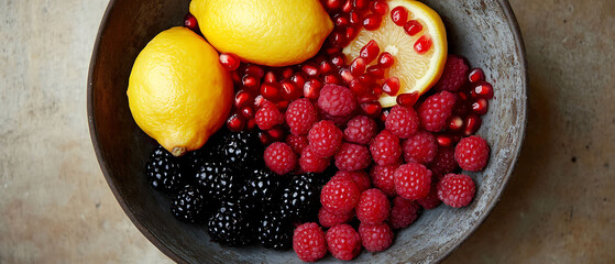 A bowl of fresh fruit with lemons, raspberries, blackberries, and pomegranate seeds.