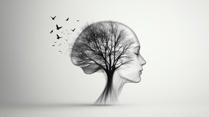 pencil sketch of womans profile morphing into tree, symbolizing nature and freedom. Birds are flying away, enhancing sense of liberation and connection to environment