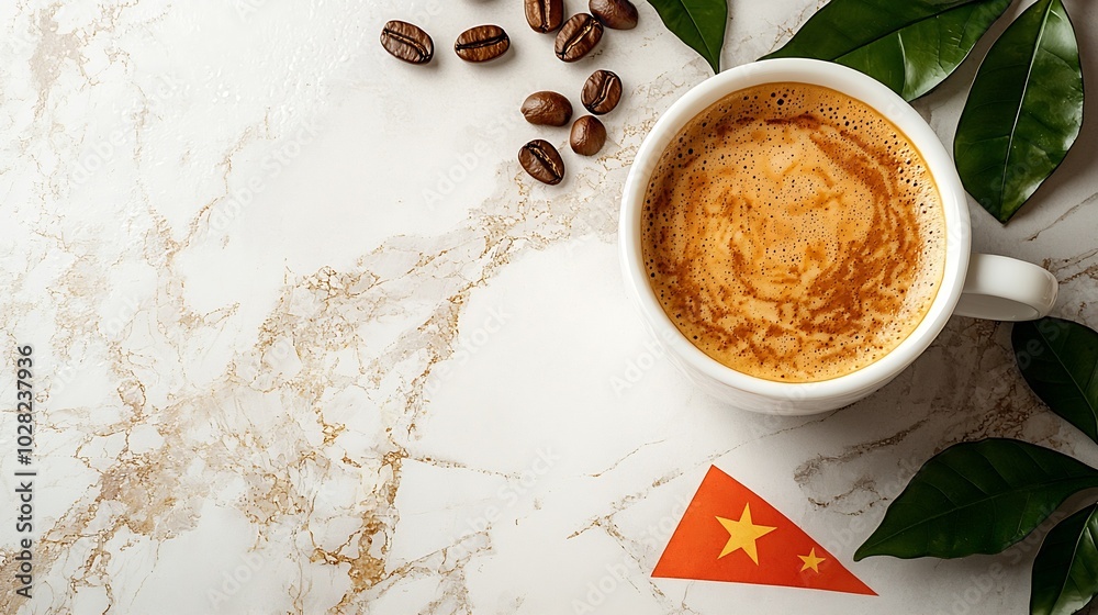 Poster Coffee with Vietnamese flag on marble table Copy space Top view : Generative AI