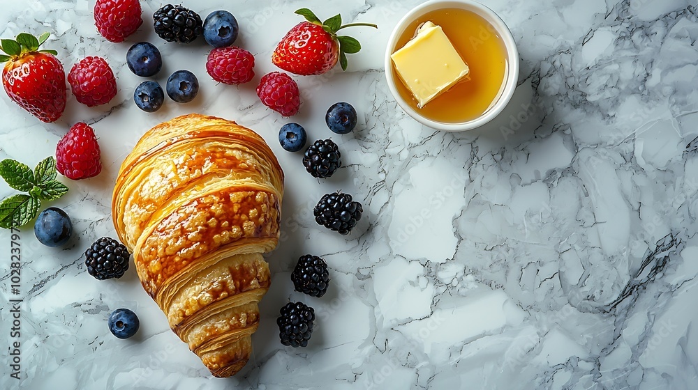 Poster croissant with fresh berries honey and butter on a marble texture background : generative ai