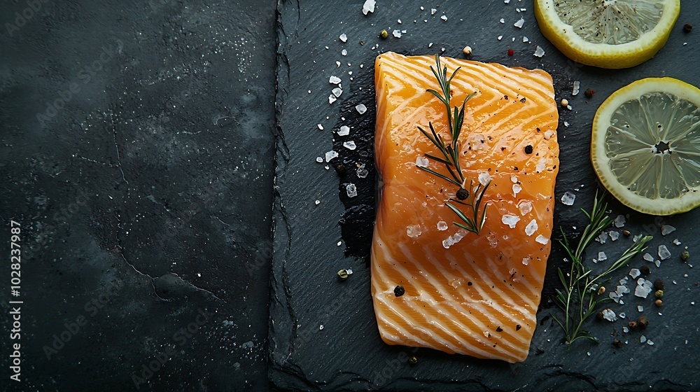 Poster salmon fillet with sea salt lemon on slate dark background copy space top view : generative ai
