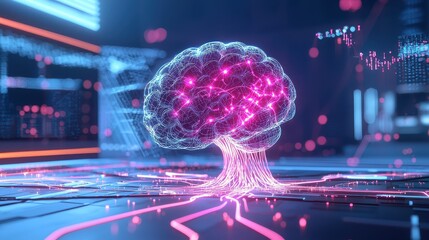 A futuristic digital brain with glowing neurons connected to a computer network, representing AI evolution.