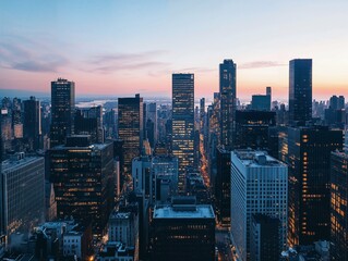 City skyline at dusk with tall skyscrapers and glowing lights, set against a soft pastel sky, creating a vibrant urban landscape transitioning from day to night in a bustling metropolitan area.
