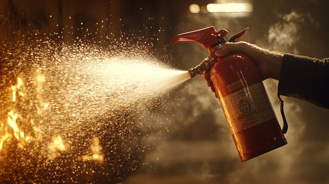 hand confidently grips a fire extinguisher, symbolizing safety, preparedness, and the importance of taking action during emergencies. The scene highlights personal responsibility and protection