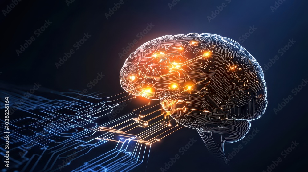 Poster a glowing digital brain with circuits and neural connections, symbolizing ai and machine learning ad