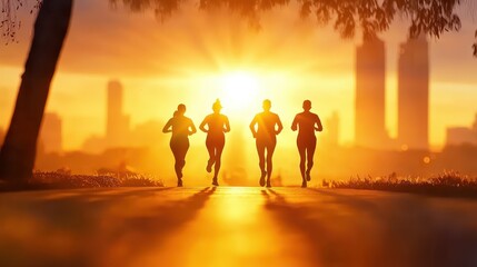 Fototapeta premium A group of friends jogging in a park during sunrise, promoting a healthy, active lifestyle.