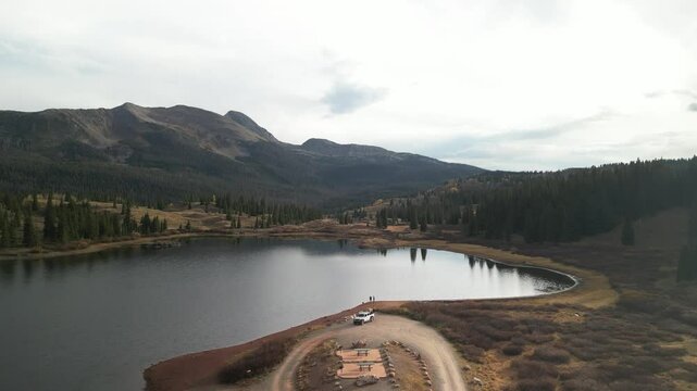 Aerial over Molas Lake near Silverton Colorado on Molas Pass in fall