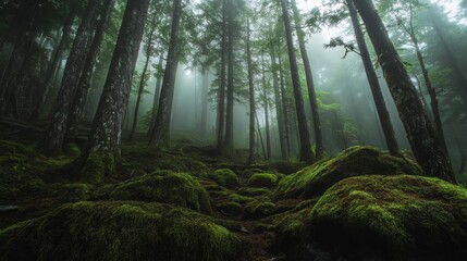 Fototapeta premium A Dense Forest Floor Covered in Moss Under a Foggy Canopy