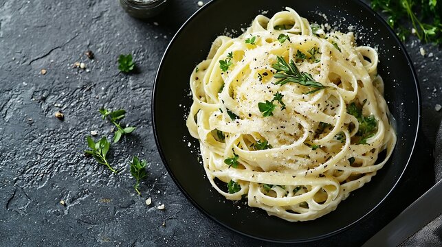Pasta with green vegetables and creamy sauce in black bowl on grey stone background Top view : Generative AI - Powered by Adobe