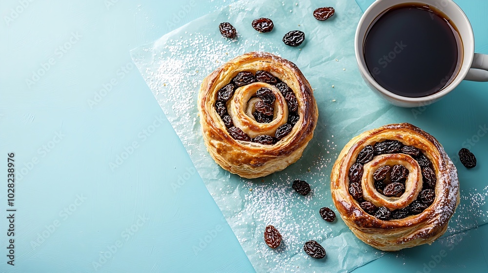 Aufkleber fresh danish pastry with raisins with a cup of black coffee on blue table background top view copy s