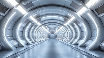 Obraz premium Futuristic White Corridor with Glowing Lights and Metallic Walls Sci Fi Interior Design