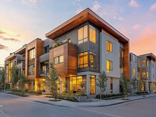 Modern apartment building with a mix of wood and gray paneling, featuring large windows and illuminated by warm evening light, blending contemporary design with a cozy residential atmosphere.