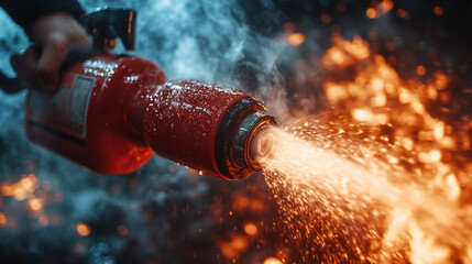 hand confidently grips a fire extinguisher, symbolizing safety, preparedness, and the importance of taking action during emergencies. The scene highlights personal responsibility and protection