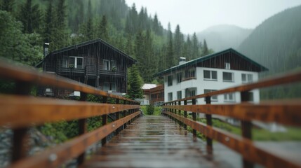 Obraz premium Rainy Day Wooden Bridge Leading to Houses in Foggy Forest