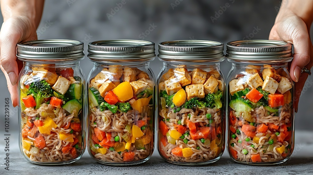 Poster noodles soba salad soup with vegetables tofu and chicken in jars grey background close up : generati