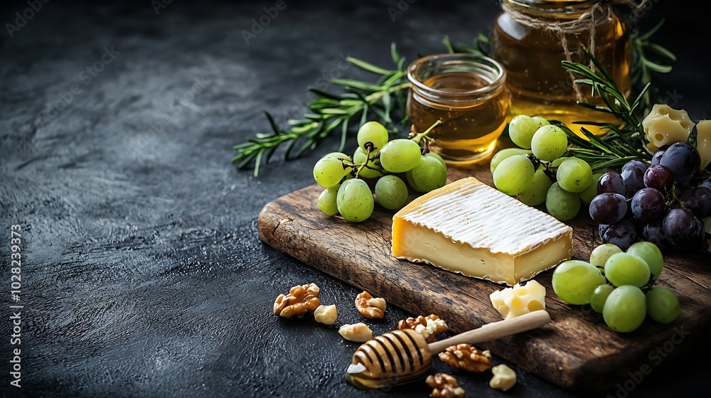 Poster Assortment of cheese with honey nuts and grape on a rustic cutting board wooden background Toning : Generative AI
