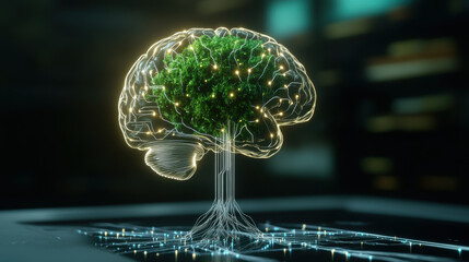Obraz premium retro futuristic brain design with glowing wires and green tree symbolizes fusion of nature and technology. This imaginative concept evokes feelings of innovation and growth