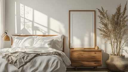 Minimalist Bedroom Interior with White Bed Wooden Nightstand Pampas Grass and Mockup Fr