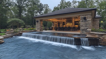 A luxurious living space featuring an outdoor kitchen and bar in a stunning garden setting