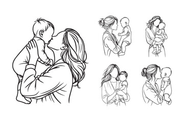 Line art depicting a cheerful baby with a foster mother