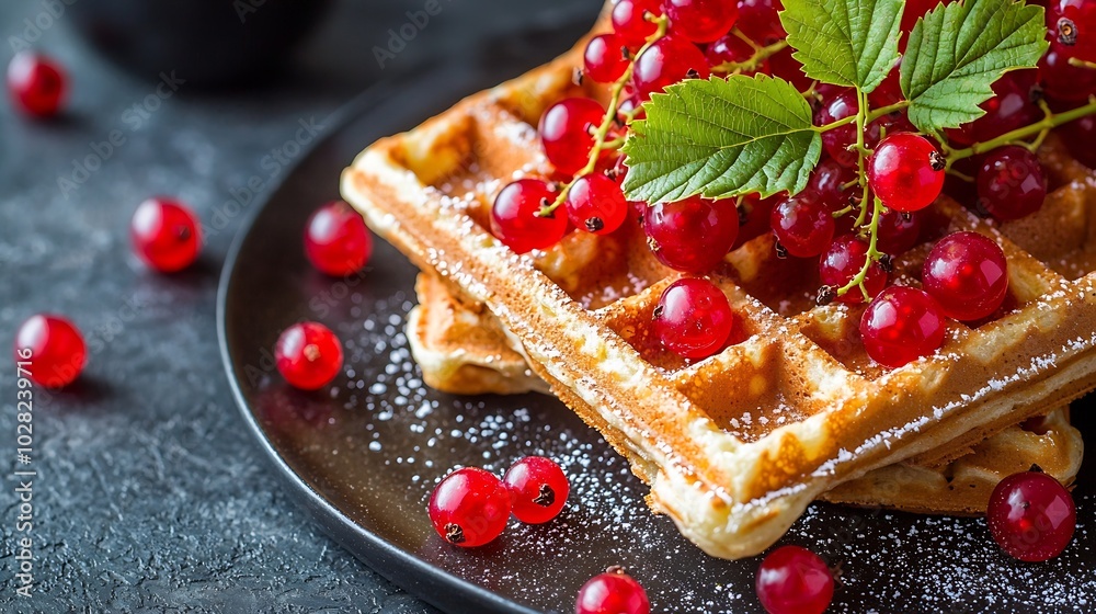 Poster belgian waffles with fresh red currant berries slate dark background close up : generative ai