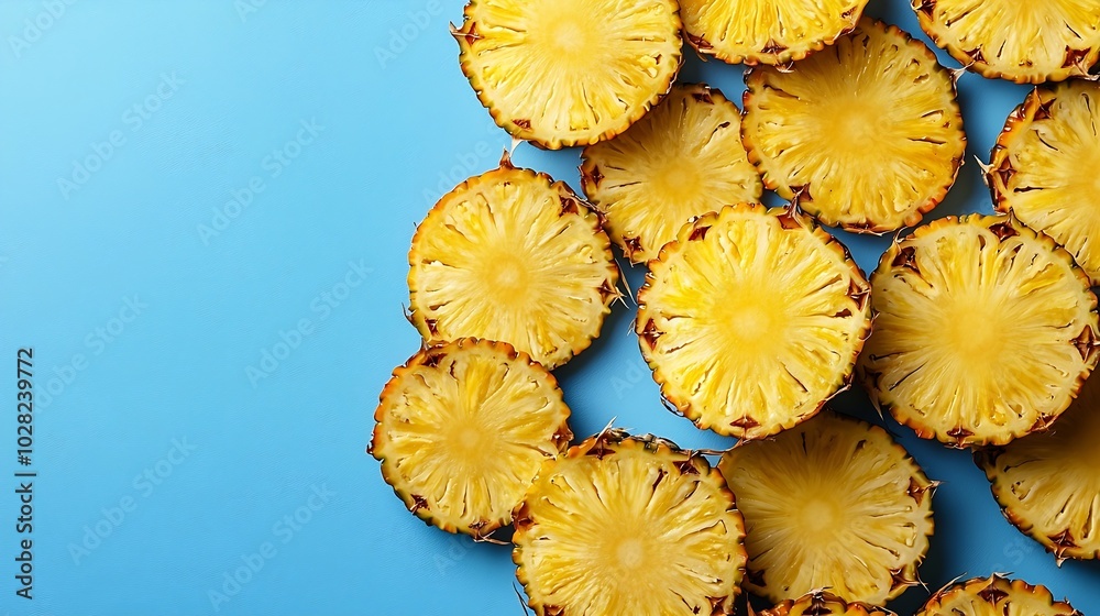 Poster fresh pineapple slices on blue background top view copy space : generative ai