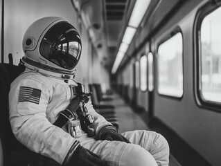 Black-and-white photograph of an astronaut sitting in a subway train, capturing a surreal and introspective moment, blending the futuristic space suit with the mundane, urban environment of the train.