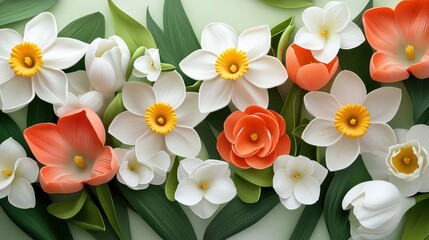 Naklejka premium A mix of tulips and daffodils in full spring bloom, with lush green leaves creating a cheerful, nature-inspired floral background.