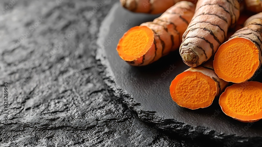 Poster fresh turmeric curcumin tumeric roots on a black plate superfood product dark background close up to