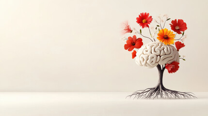 creative brain design with vibrant flowers and tree roots symbolizes growth and knowledge. This artistic representation evokes sense of wonder and inspiration