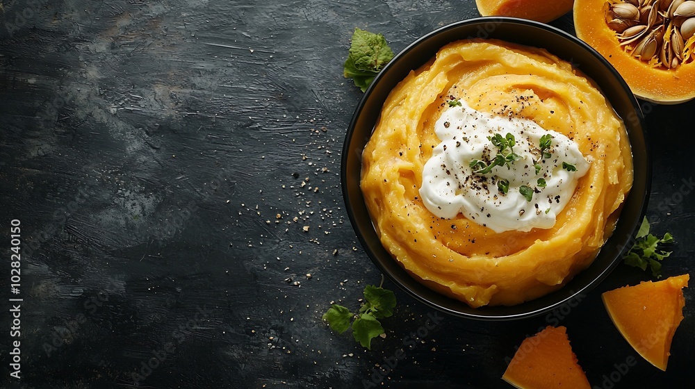 Poster pumpkin butternut squash soup with cream in black bowl dark grey background copy space top view : ge
