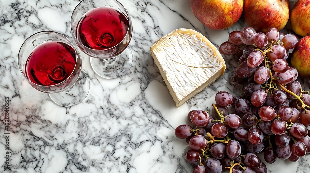Poster assortment of cheese grapes with red wine in glasses marble background top view : generative ai