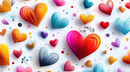 Fototapeta premium A playful love heart background with hand-drawn hearts and whimsical doodles in vibrant colors.