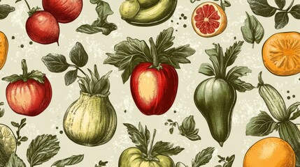 Hand-Drawn Illustration of Various Fruits and Vegetables