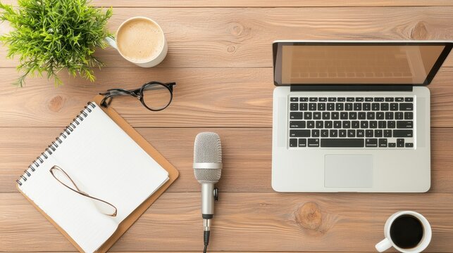 A podcast mic on a stand, surrounded by notes and a laptop, symbolizing preparation for content creation. - Powered by Adobe