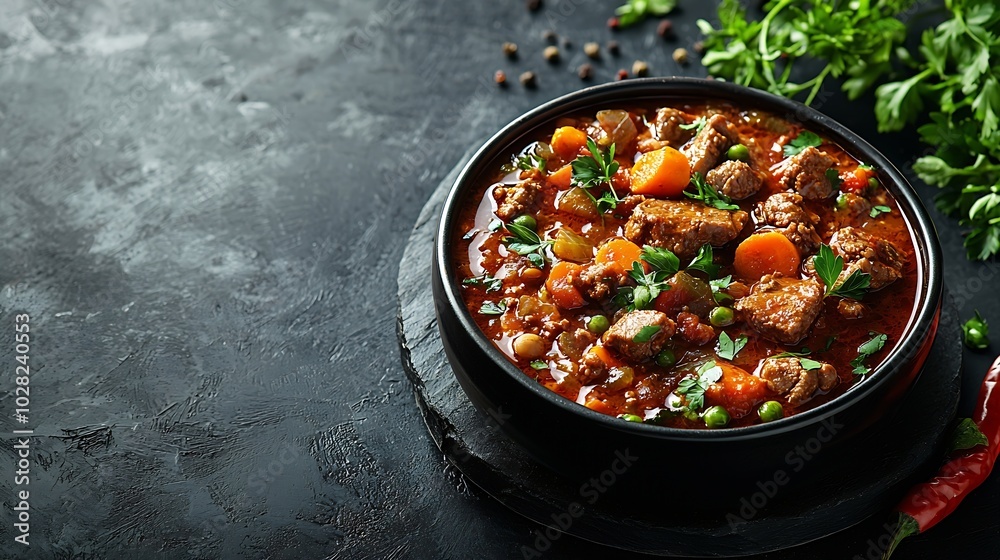 Aufkleber beef meat and vegetables stew in black bowl dark background copy space top view : generative ai
